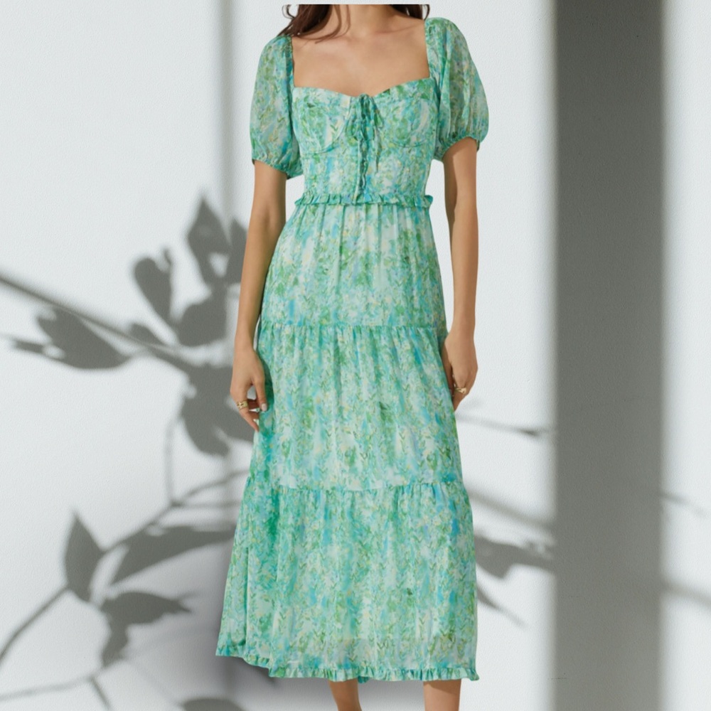Astr The Label Bustier Puff Sleeve Midi Dress Green Blue Floral S NWT